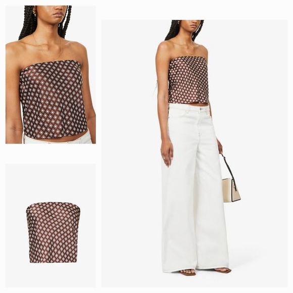 Reformation Spritz Diamond-Print Strapless Silk-Satin Top - Picture 1 of 4